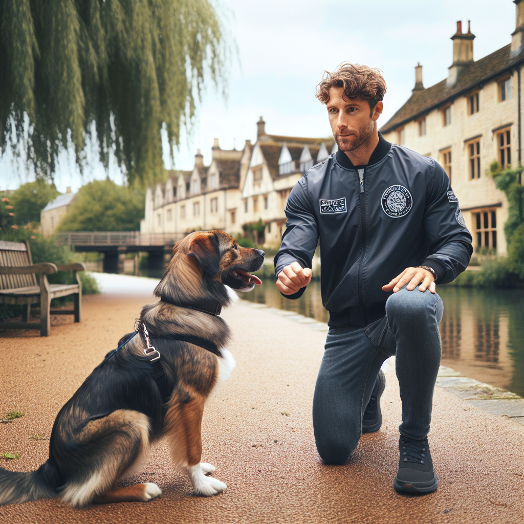 Smart trainer practising heel and recall with a mixed breed dog beside a quiet UK riverside path in a market town