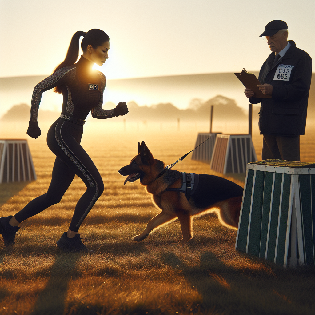 Handler and German Shepherd working precisely on an IGP field as a judge observes