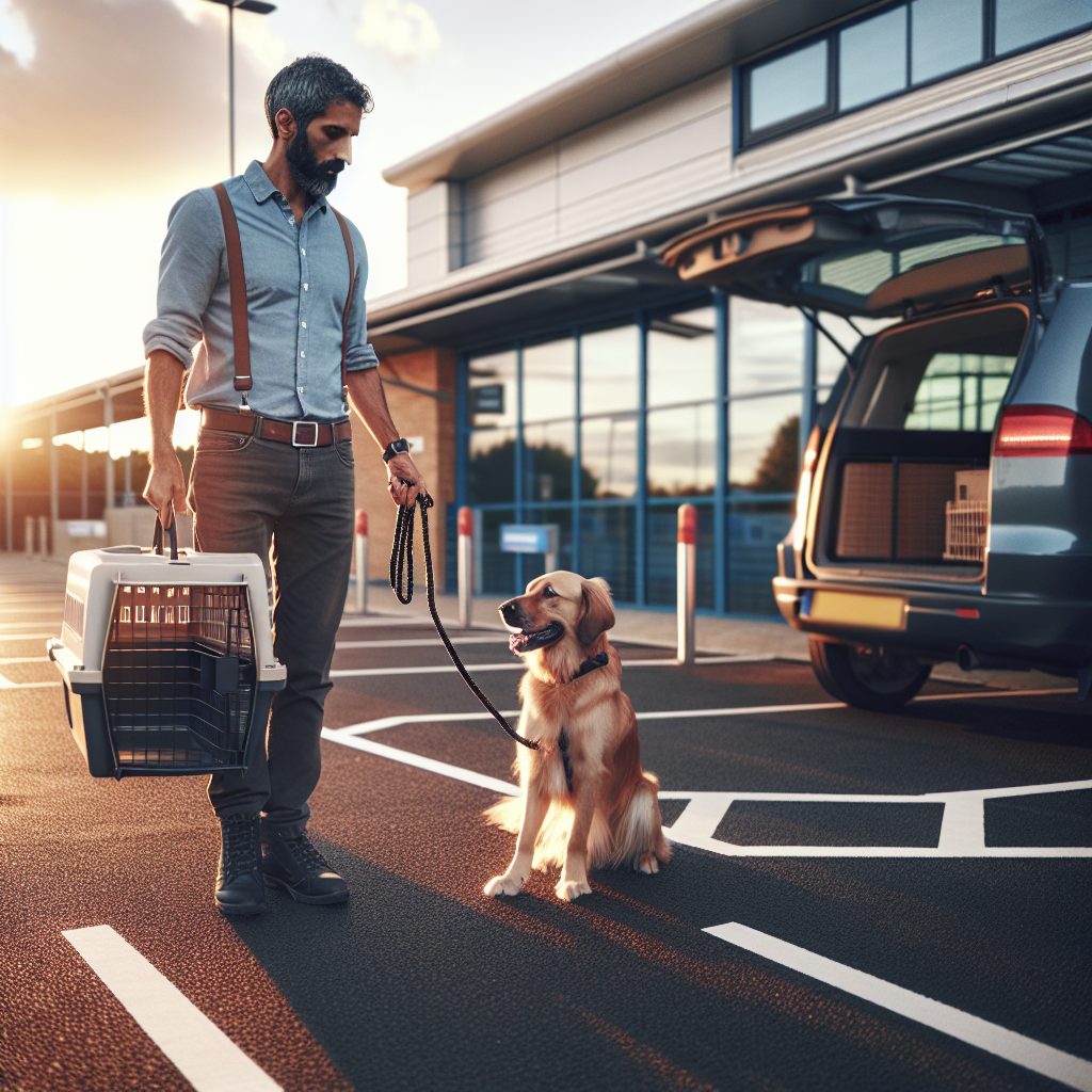 UK trainer guides a calm dog to load into a car crate outside a training centre car park