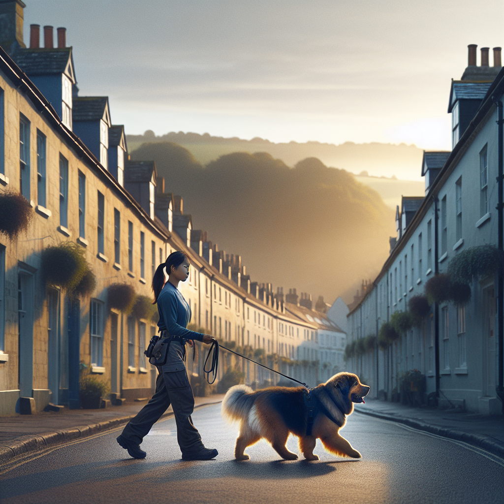 Trainer practising loose lead walking with a mixed breed dog on a quiet Dorchester street