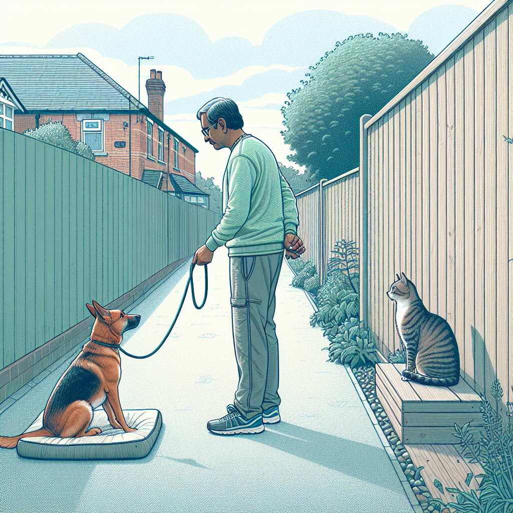 Trainer heels a calm dog past a cat at a safe distance in a UK suburb