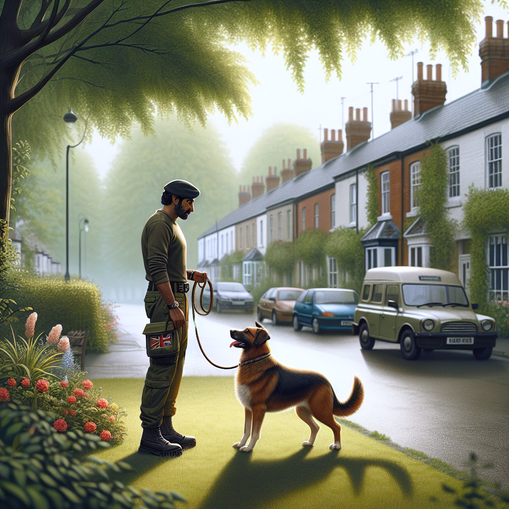 Trainer practising loose lead walking with a mixed breed dog in a quiet UK town park
