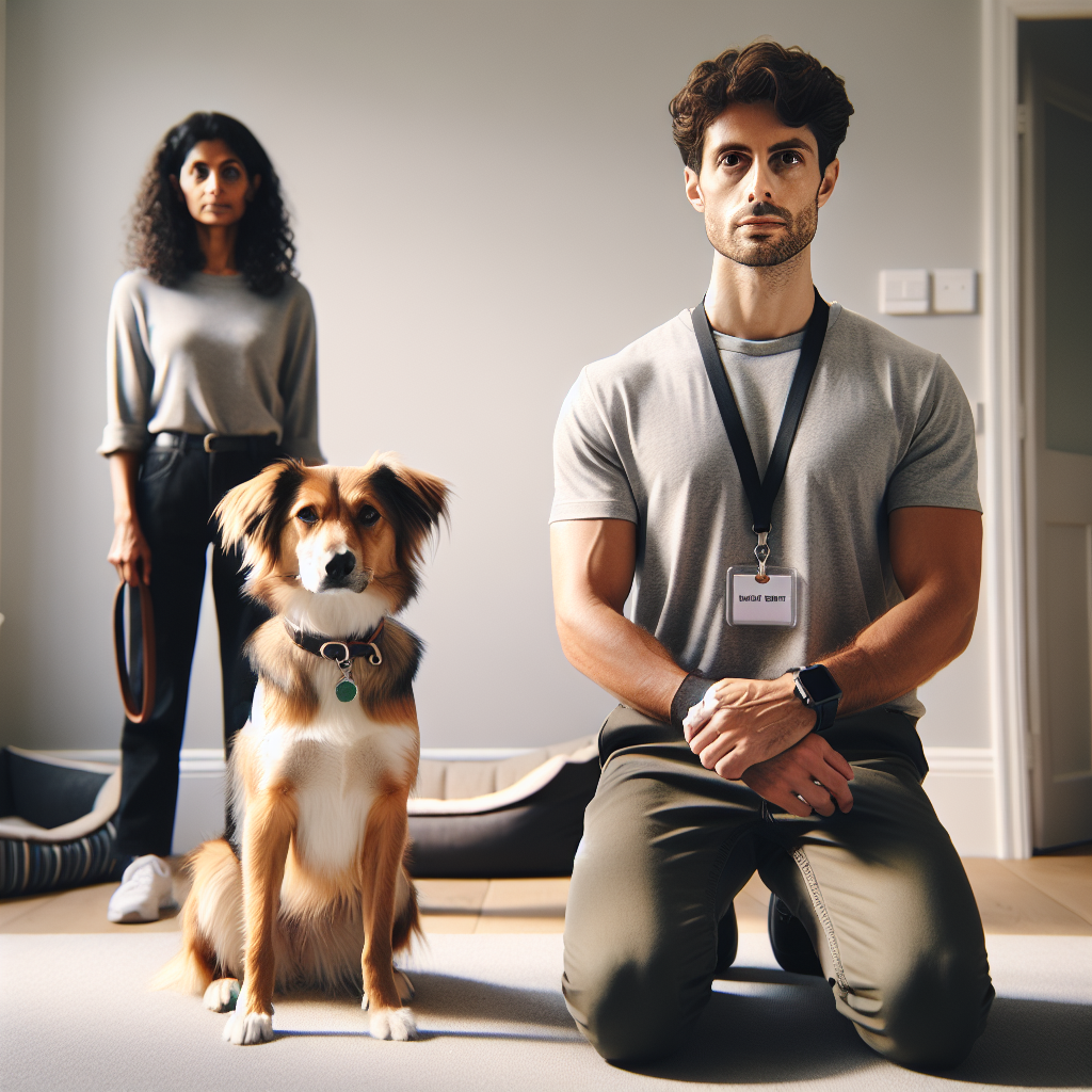 Smart trainer reinforcing a dog calmly waiting for the cue in a UK home training space