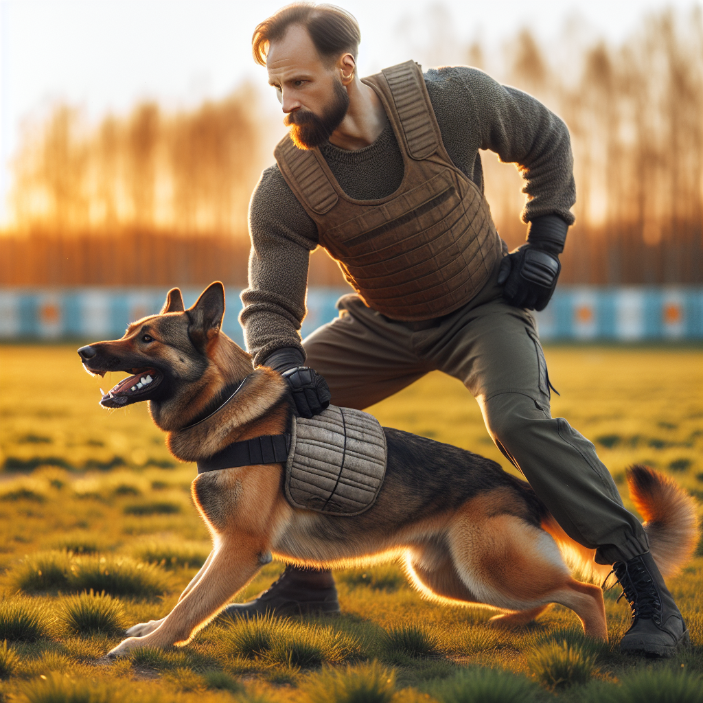 Working dog gripping a bite sleeve with calm focus while a UK decoy applies controlled helper pressure