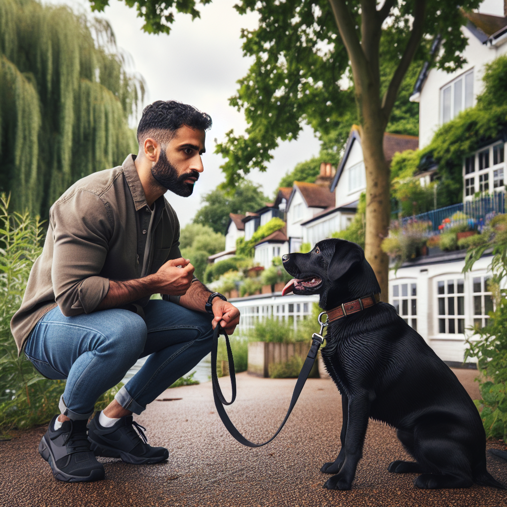 Trainer guiding a Labrador cross on lead along a leafy riverside path in Caversham