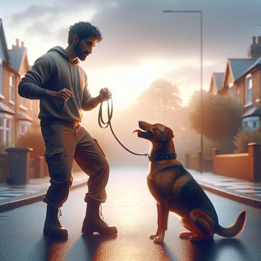 UK trainer guiding a dog into heel and rewarding with praise outdoors without visible treats
