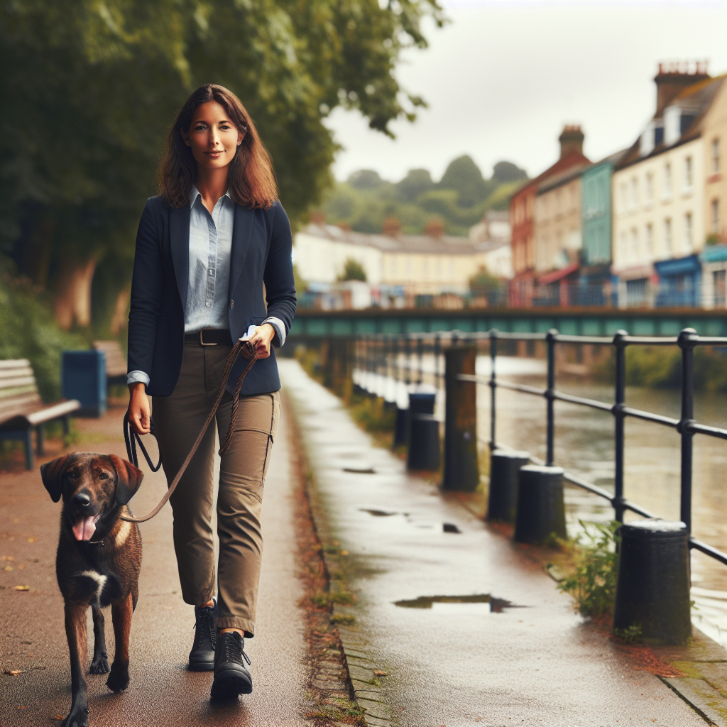 Trainer practising loose lead walking with a mixed breed dog on a riverside path in Ipswich