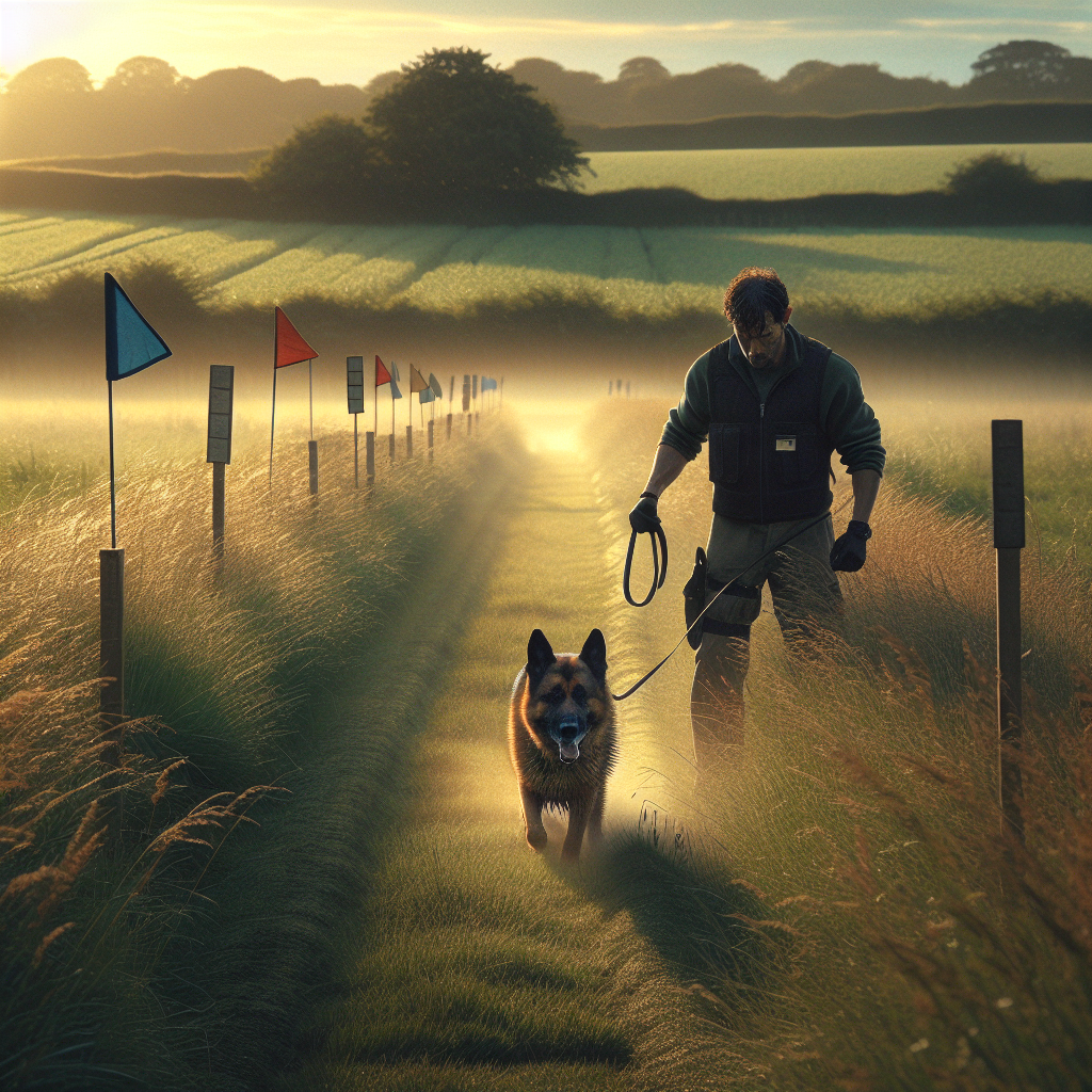 Trainer working a German Shepherd through a scent pool at a flagged corner in a UK field at sunset