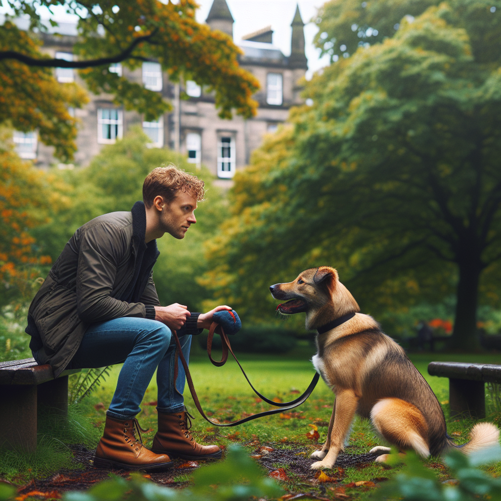 Trainer practising heel and recall with a focused dog in a leafy Stirling park