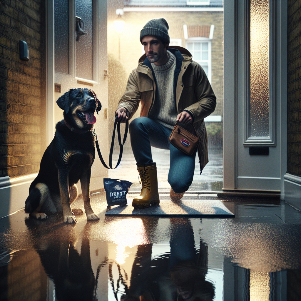 Trainer guiding a Labrador mix to settle on a mat at a UK doorway during rain, practicing calm drying routine