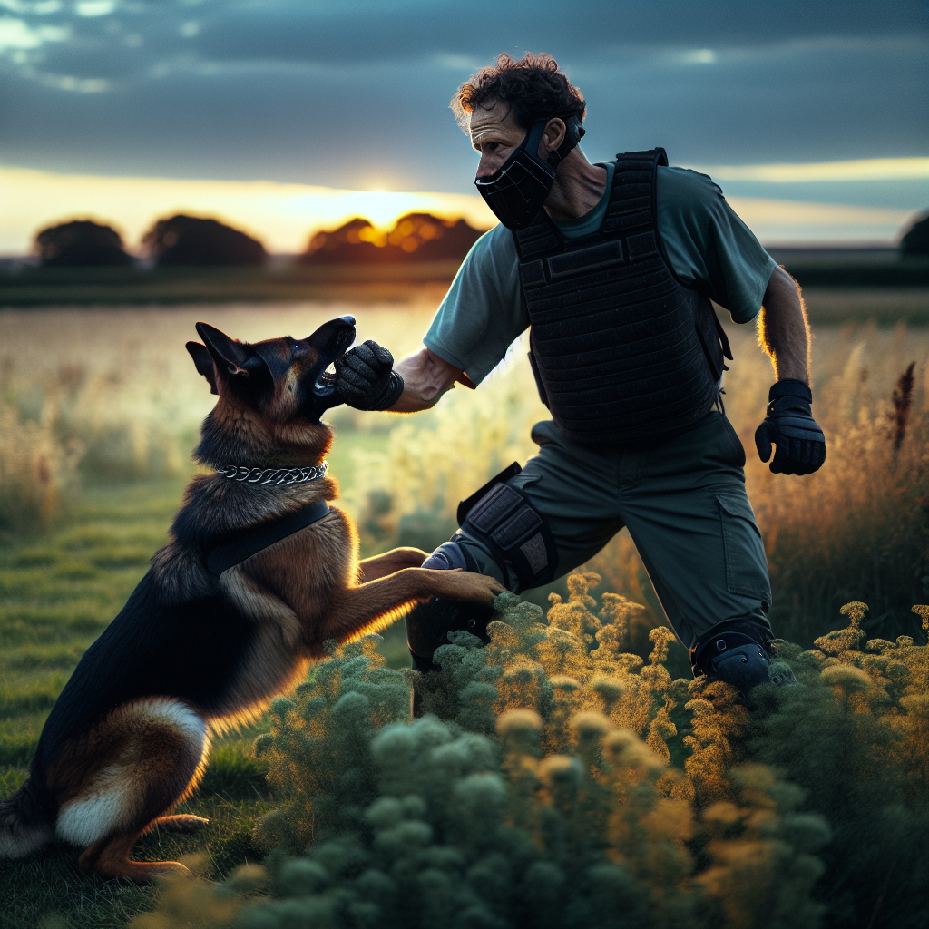 IGP trainer guiding German Shepherd through out to guard during a bite transition at a UK training field