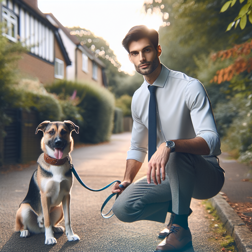 Trainer practising loose-lead walking and recall with a mixed-breed dog on a leafy Aldershot street