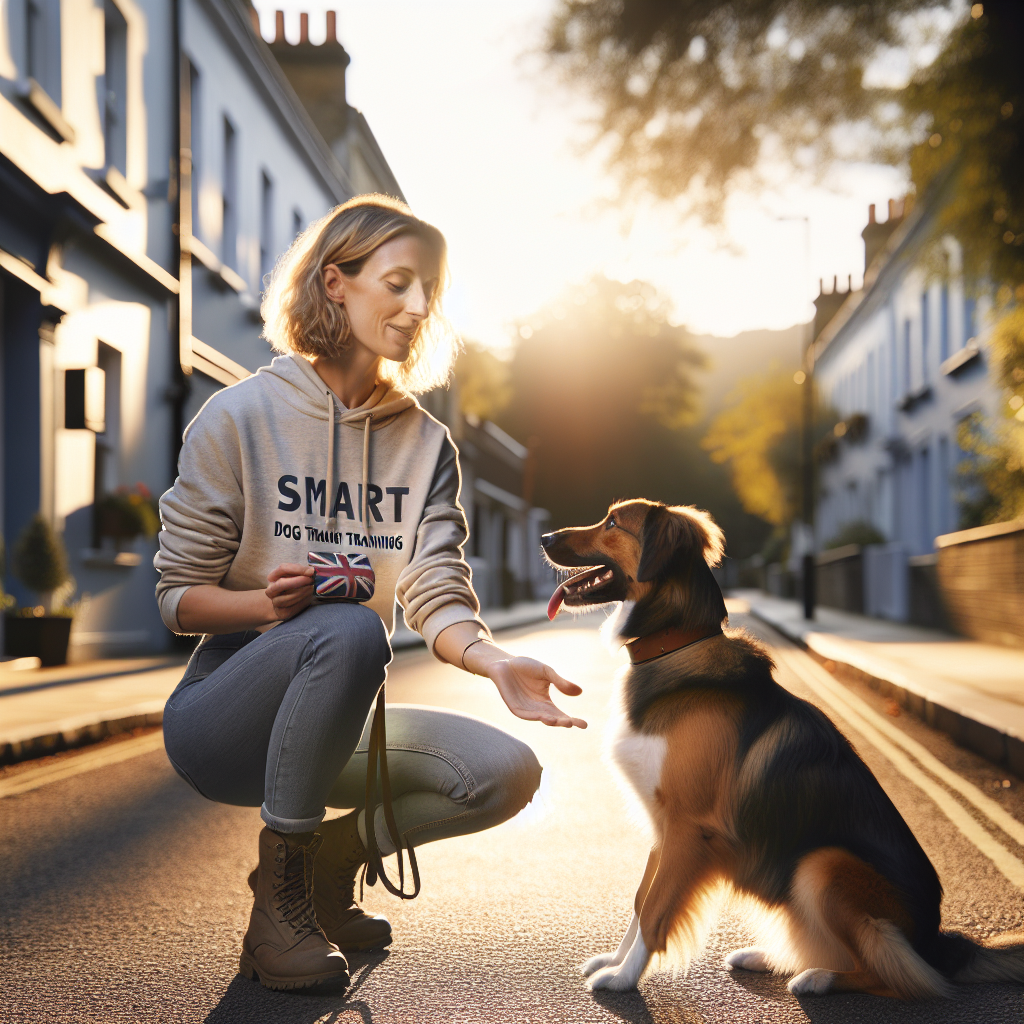 Smart trainer running a short, focused training block with a mixed-breed dog on a quiet UK street