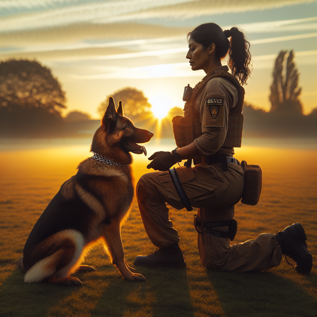 UK handler and German Shepherd training for IGP retrials with heelwork tracking and protection control at sunrise