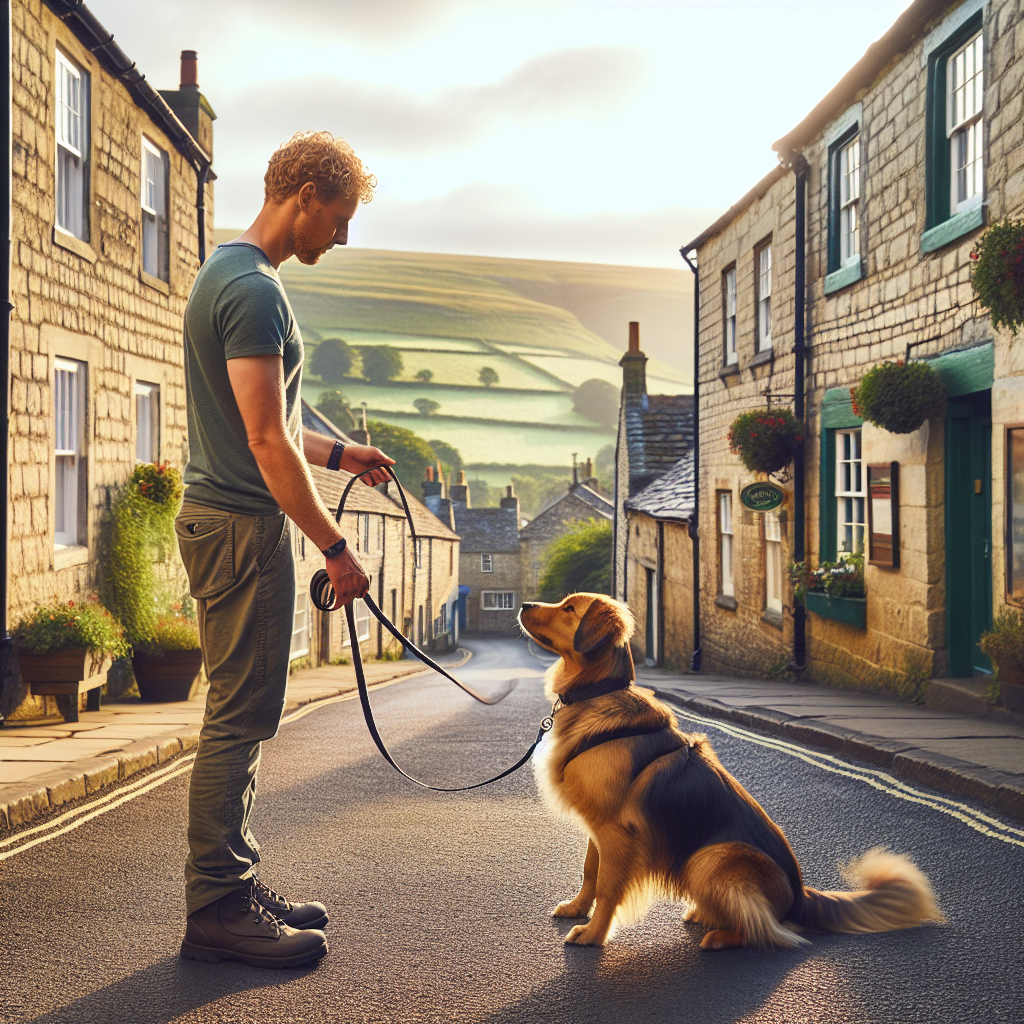 Trainer teaching loose-lead walking with a focused sit in a Yorkshire market town street