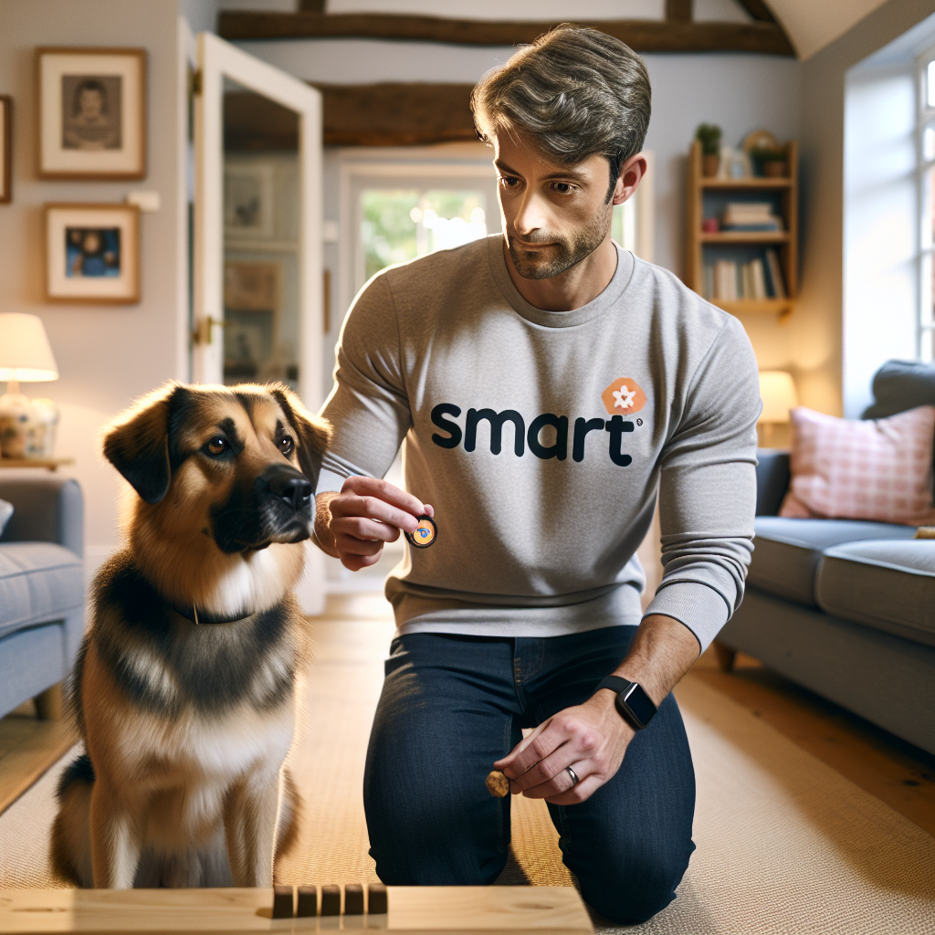 Smart trainer running a short focus micro-session with a mixed-breed dog in a UK living room