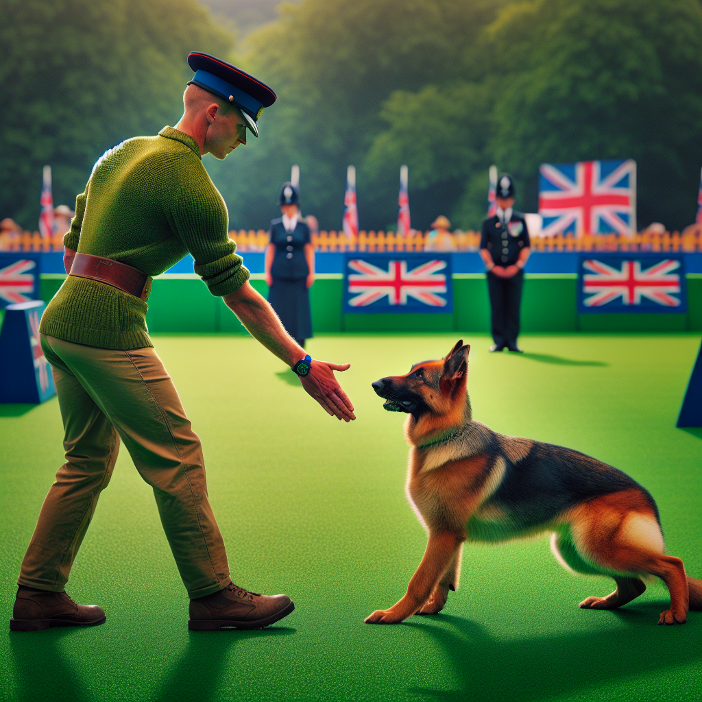 IGP helper showing precise footwork to a green German Shepherd with a clear sleeve target on a UK field