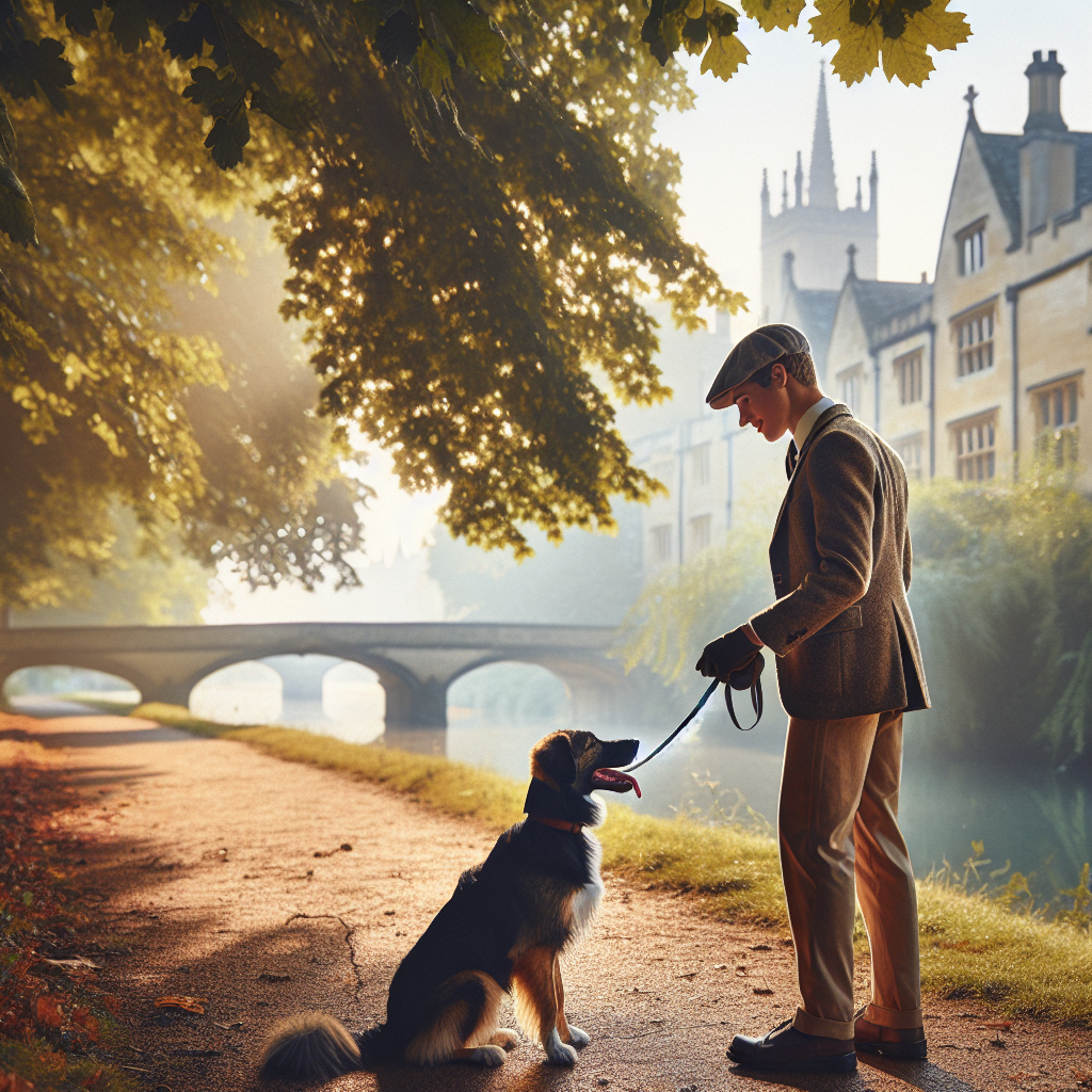 Trainer guiding a dog on loose lead near a leafy riverside path in a UK town