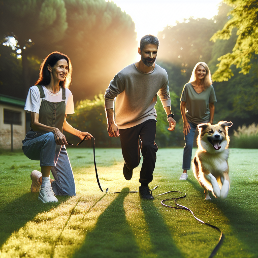 Trainer guiding a dog through off lead recall in a UK park at golden hour