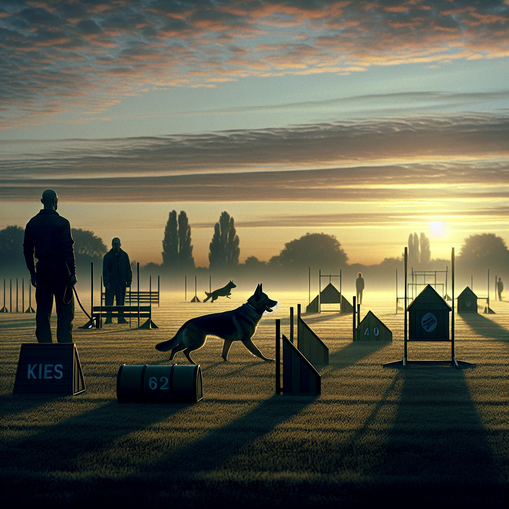 Trainer heeling a focused German Shepherd across an IGP field with blinds and jumps at dawn