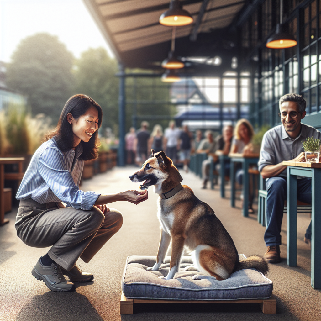 Dog relaxing on a raised place bed at a quiet UK cafe with a trainer rewarding calm hold