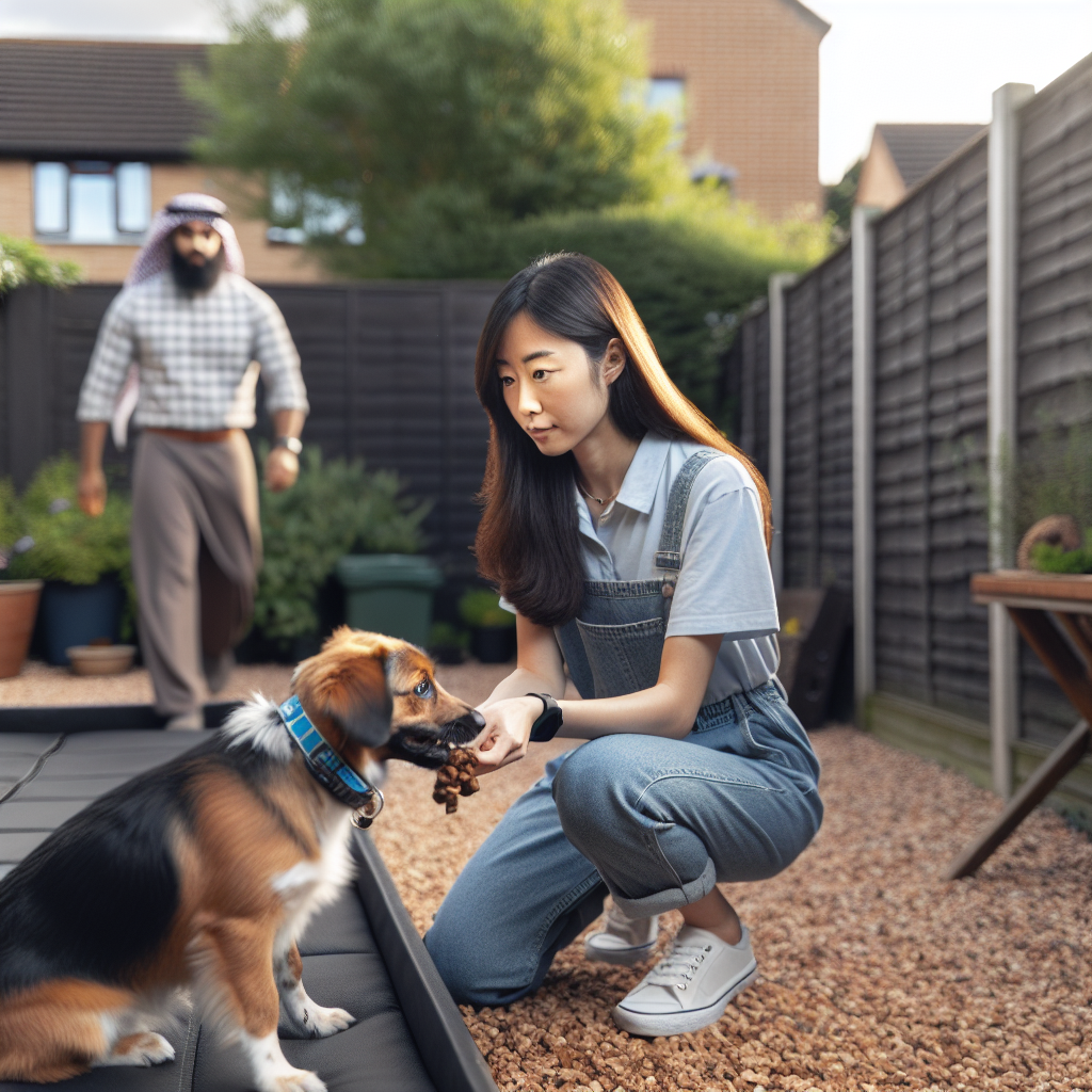 UK dog trainer building fluency on place command in a quiet garden with a mixed breed dog