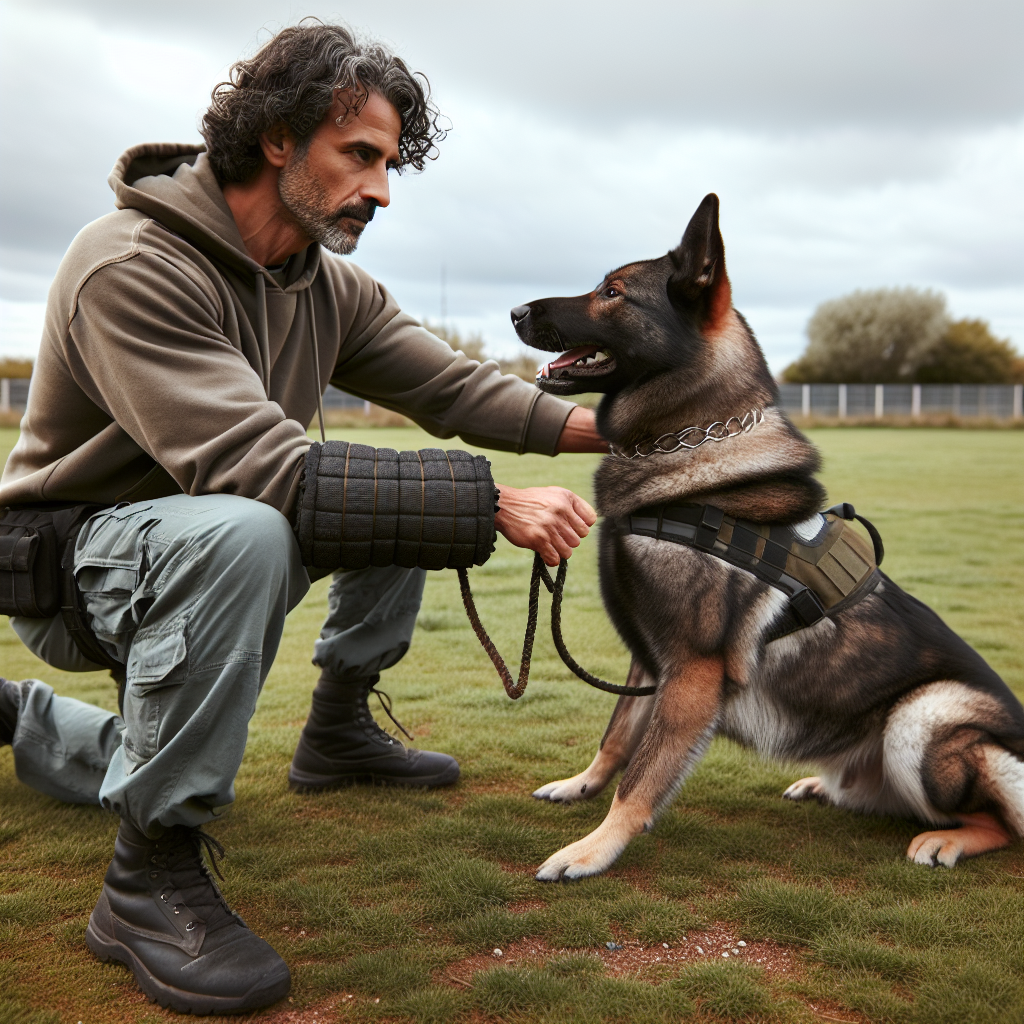 Trainer demonstrating sleeve pressure limit drills with a working dog on a bite sleeve in a UK training field