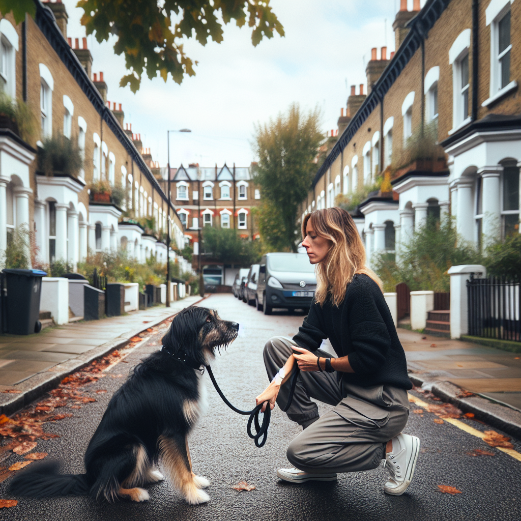 Trainer teaching loose lead walking with a calm dog on a leafy Fulham street