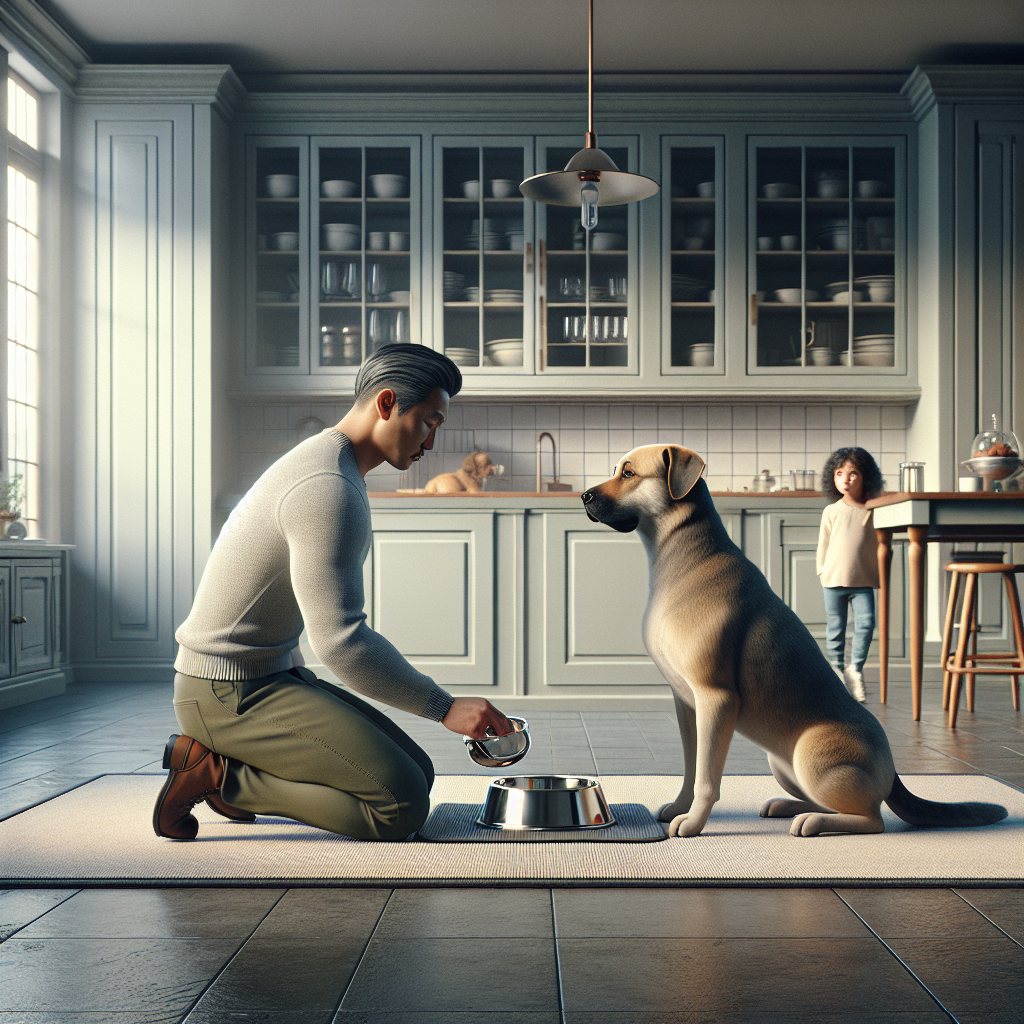 Dog holding a calm Down on a place mat while a trainer sets down a food bowl in a UK kitchen