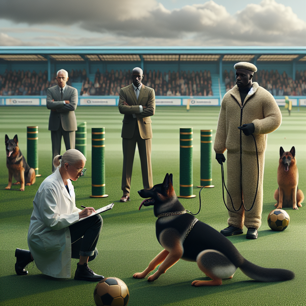 IGP trial scene with handler and dog heeling as judge observes and helper waits with sleeve on a UK field