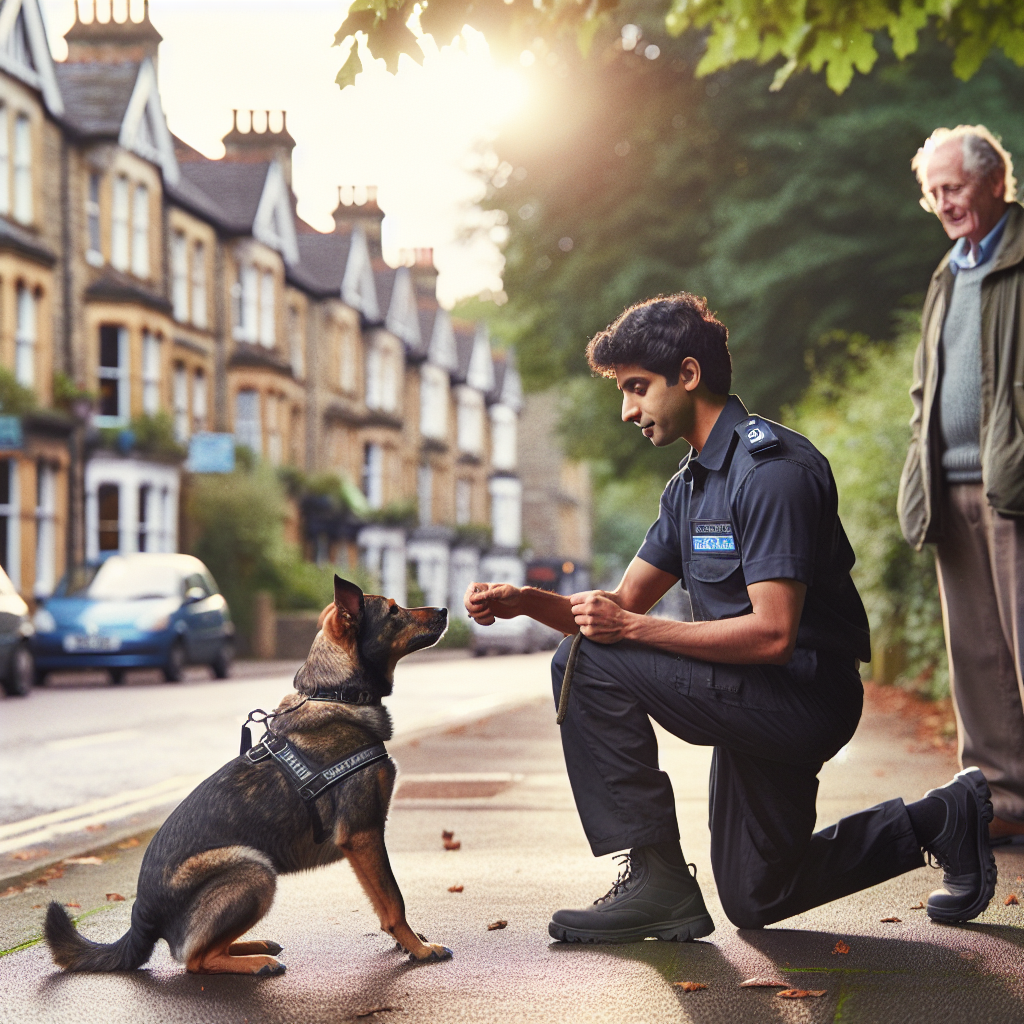 Trainer practising heel and recall with a mixed-breed dog on a leafy Leighton Buzzard path