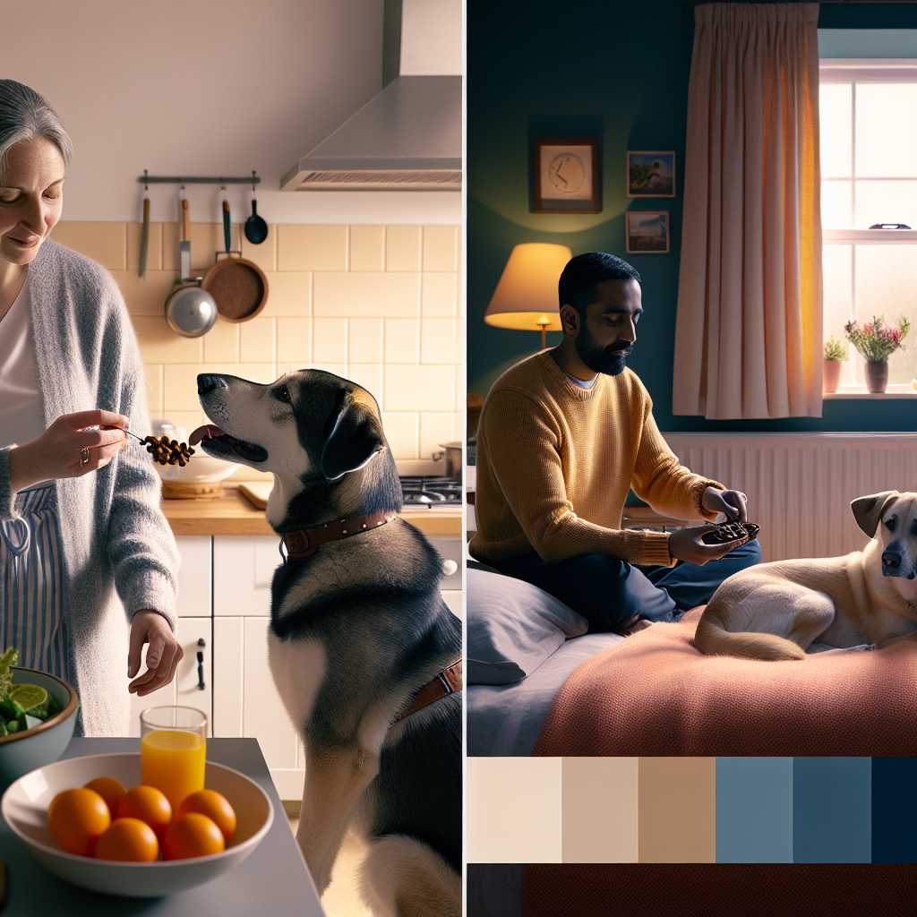 UK family practising morning and evening dog routines with a trainer, dog on a mat in kitchen morning light and relaxing on a bed by lamplight at night