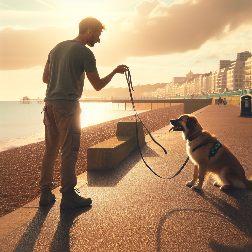 Trainer practising loose lead walking and a calm down with a dog on a Brighton seafront promenade