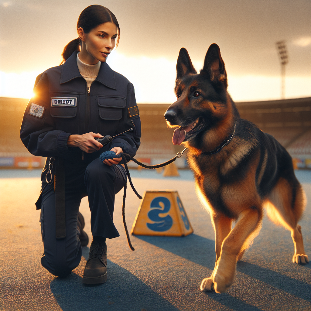 Trainer guiding a German Shepherd in focused heel using a remote collar during IGP obedience practice in the UK
