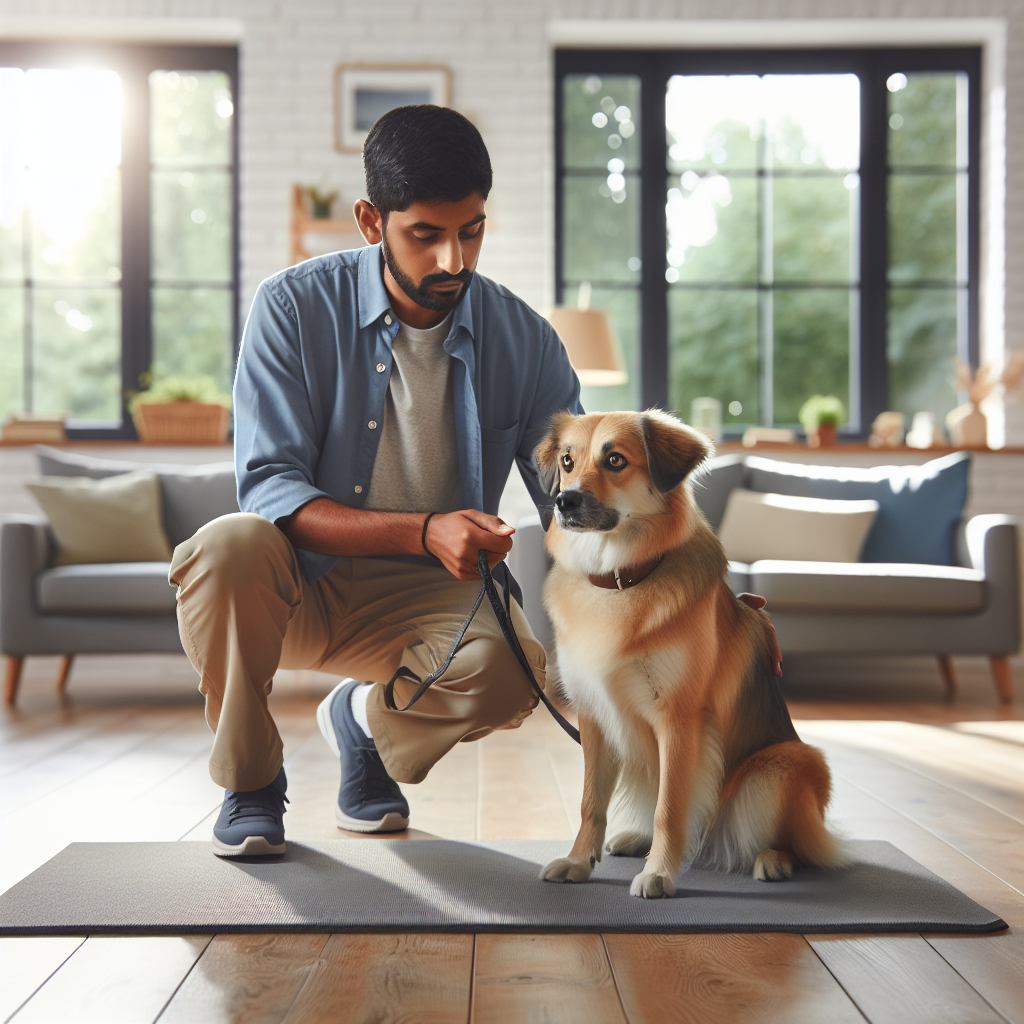 UK dog trainer teaching a relaxed mat settle with a calm mixed-breed dog at home
