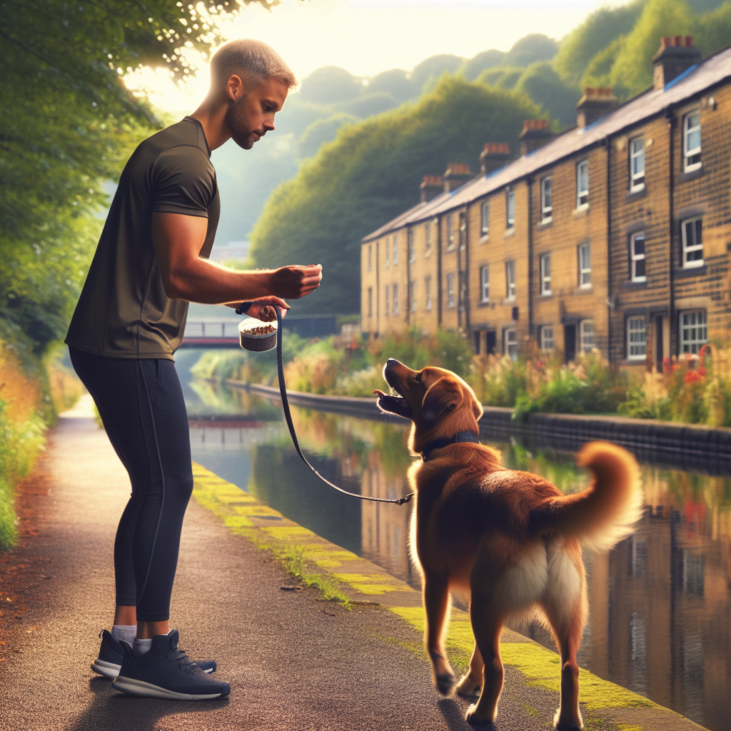 Trainer practising loose lead walking with a mixed-breed dog on a canal towpath in Shipley