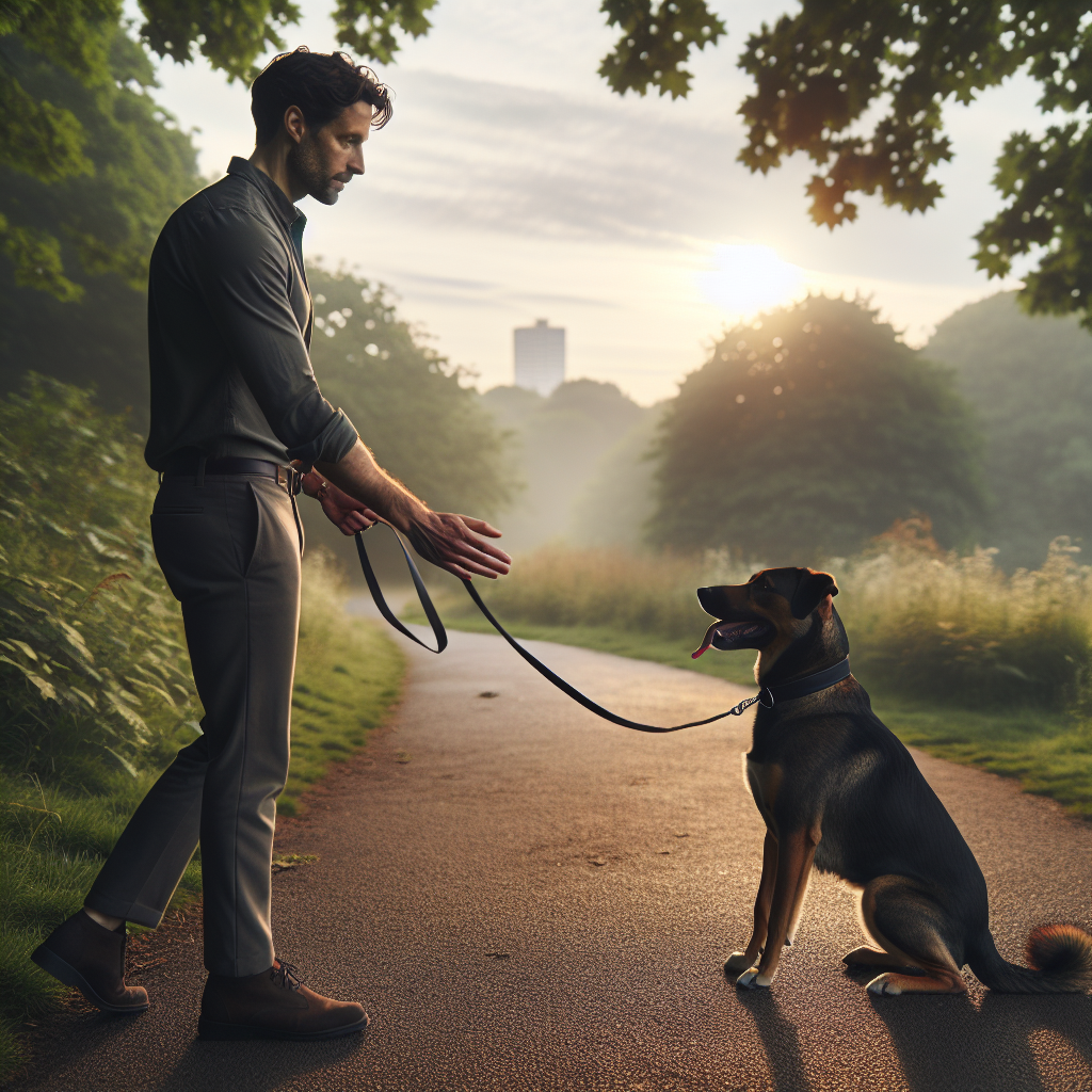 UK trainer demonstrating gentle lead pressure and release with a calm mixed breed dog in a quiet park