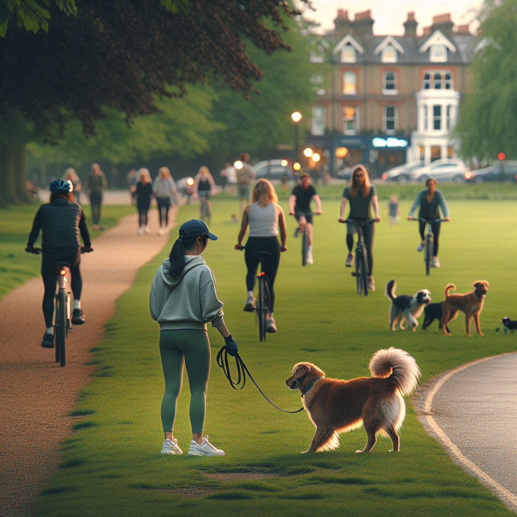 Smart trainer practising loose lead walking and recall with a dog in a leafy UK park near Penwortham