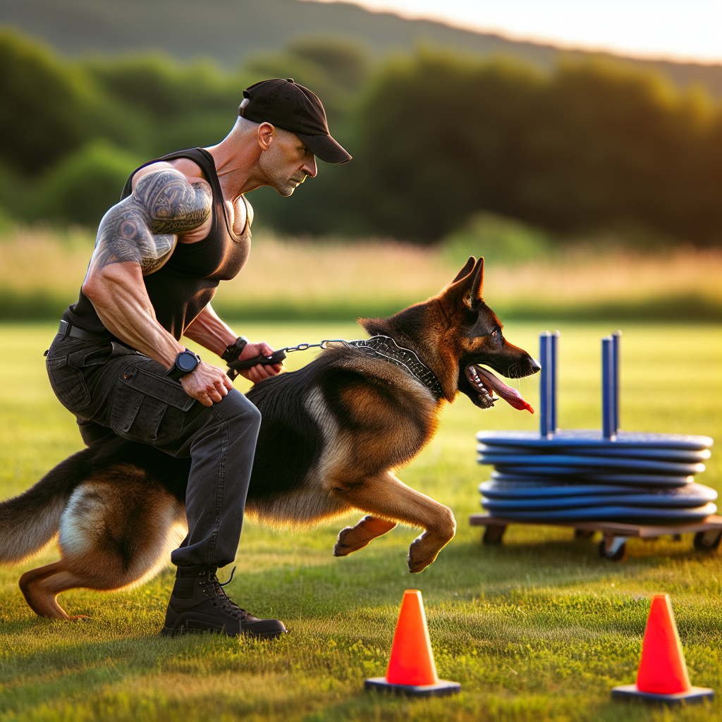 German Shepherd and trainer practising IGP protection fitness drills with sprint, platform touch, and tug on a UK field