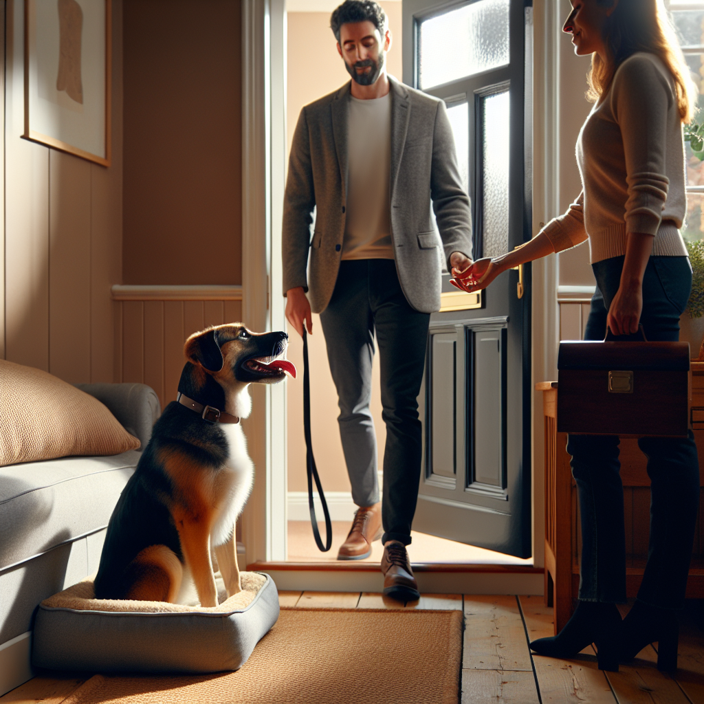 Calm dog on a bed near an open door as a guest enters, rewarded by a trainer