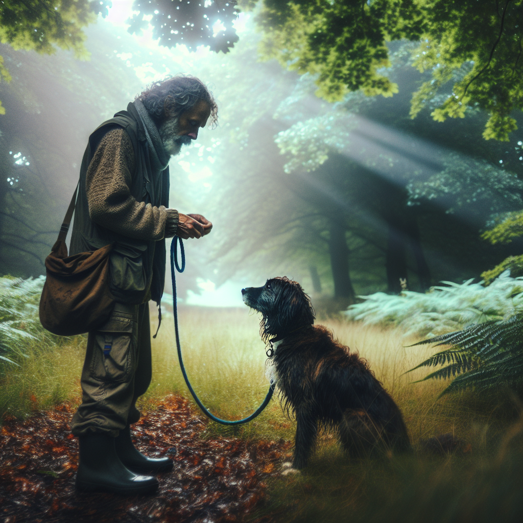 Trainer practising loose lead walking and recall with a mixed breed dog in a leafy Sutton street