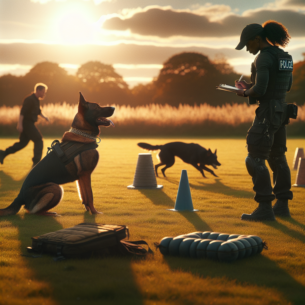 Trainer auditing an IGP team mid season on a UK field with dog, handler, cones, and notes