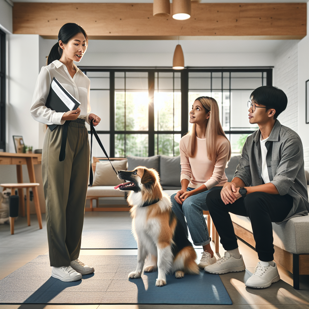 Smart trainer coaching a family on place and recall with their dog in a modern UK flat