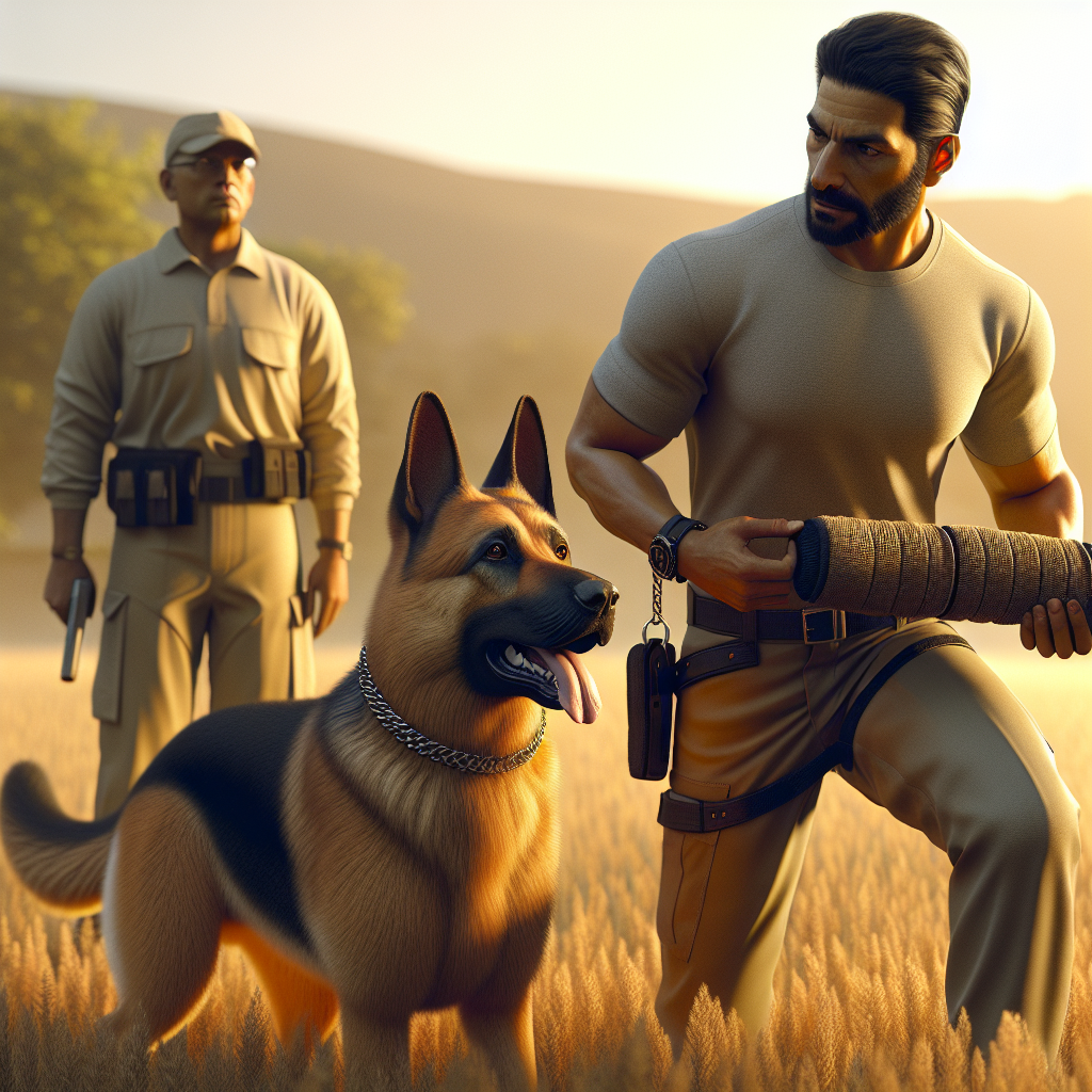 German Shepherd carrying a training sleeve calmly at heel beside a UK trainer with helper in the background