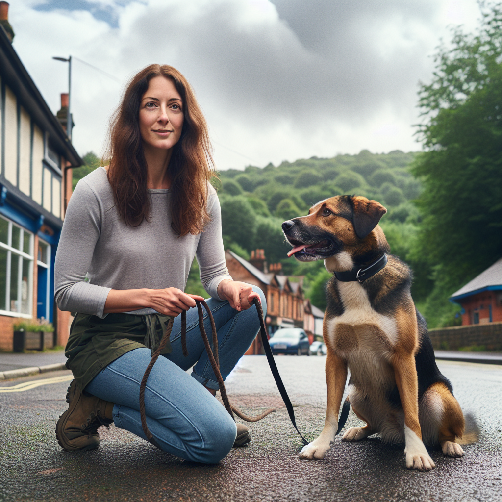 Trainer guiding a mixed-breed dog through heel and sit-stay on a quiet UK town path