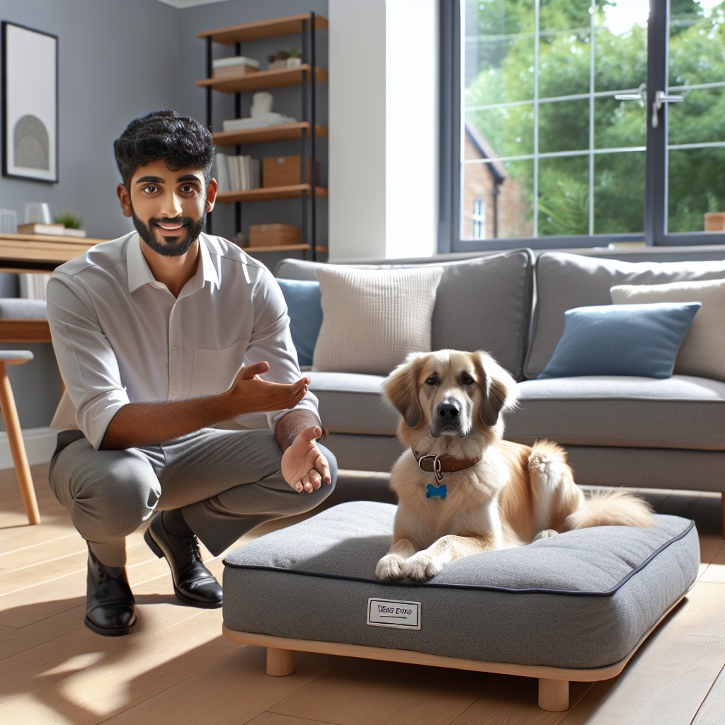 Dog calmly taking space on a raised bed as a trainer cues in a bright UK living room