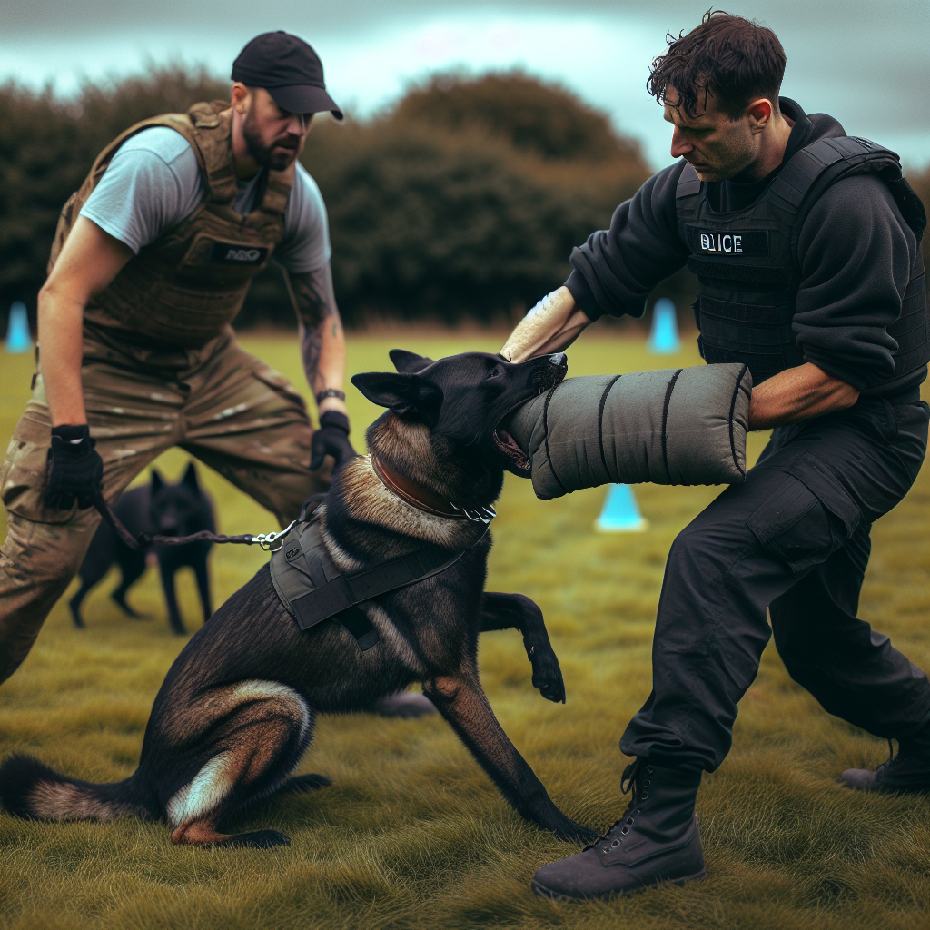 UK dog trainer coaching calm full grip during sleeve work on a field with helper and working dog