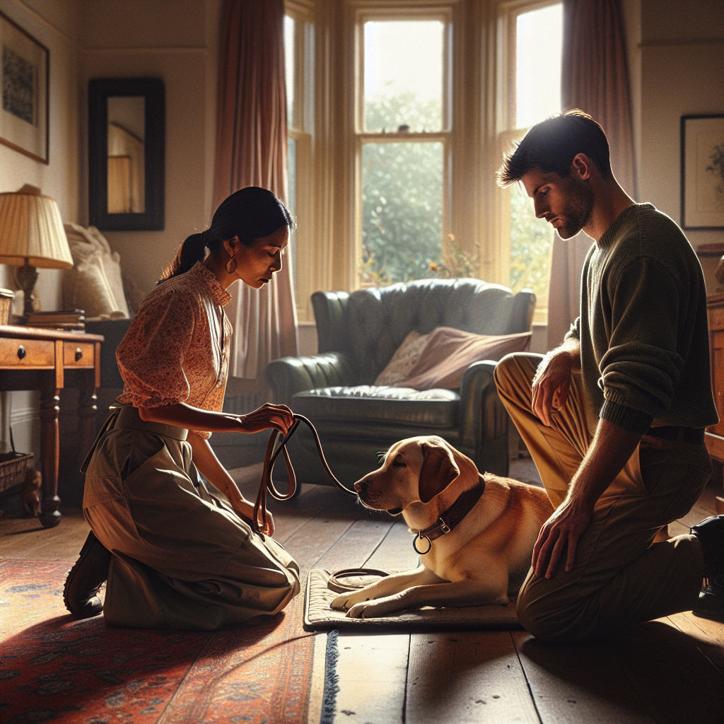 Trainer guiding a Labrador to relax on a mat during a settle session in a UK living room