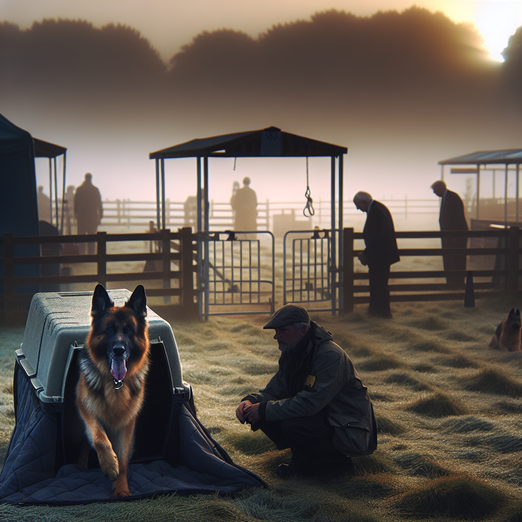 Handler and German Shepherd exiting a crate calmly before approaching the IGP start line in a UK field