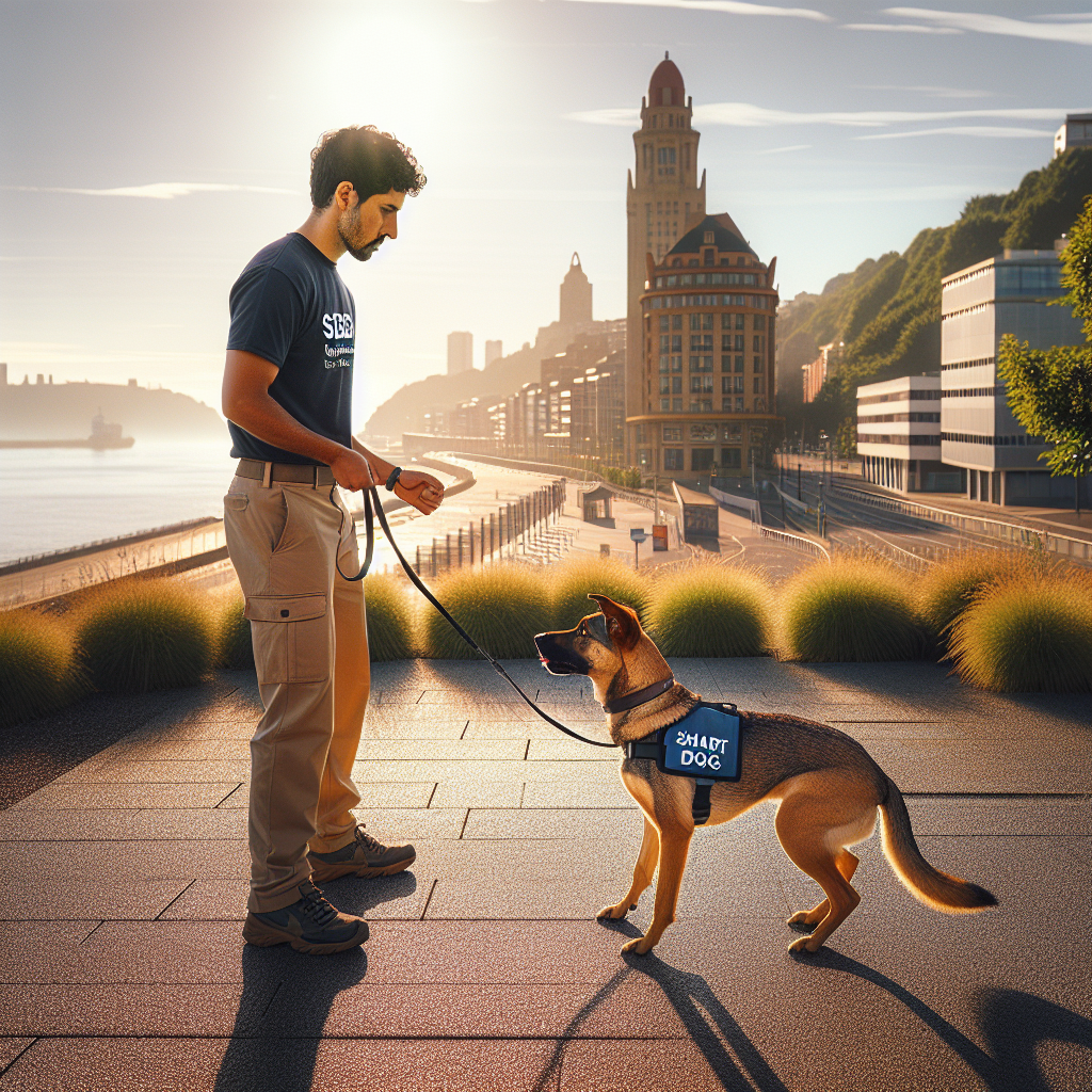 Smart trainer practising heel and recall with a dog near green space and waterfront in Plymouth